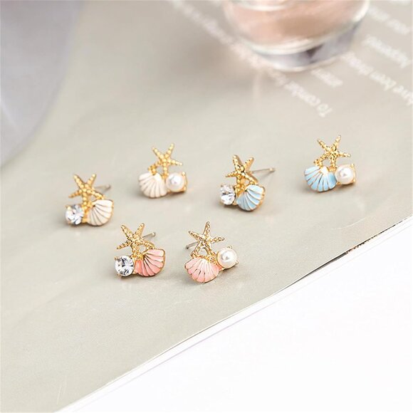 Colorful Starfish Shell Pearl Stud Earrings for Women Boho Summer Beach Jewelry - Picture 3 of 3